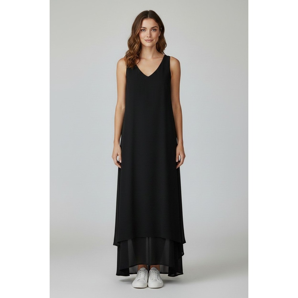 LOGO Lori Goldstein Maxi Dress Womens XL Black V-Neck Sheer Hem Layered